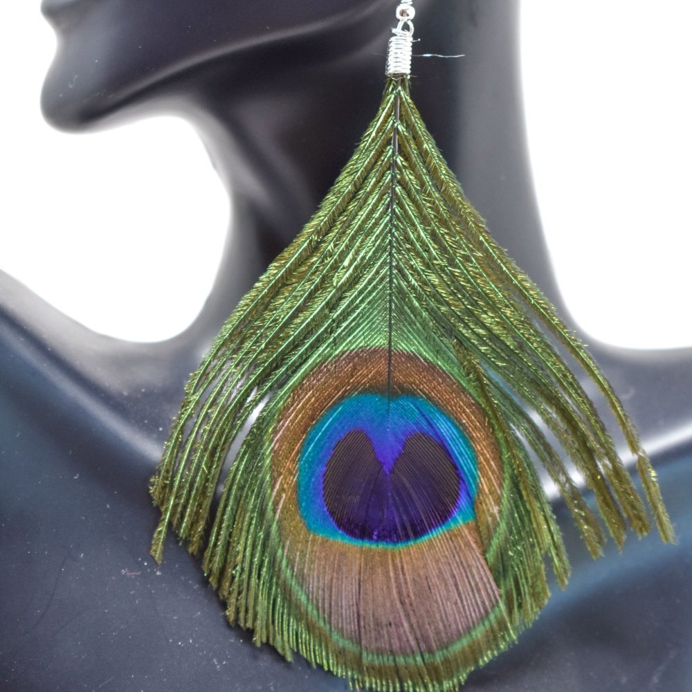 3.5" Drop Peacock Feather Dangle Earrings - Picture 8 of 12